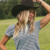 Fancy Striped Fitted Short Sleeve Top - Glacier/Chocolate