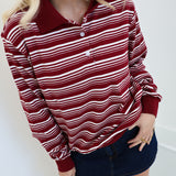 Riley Striped Polo Long Sleeve Top - Burgundy