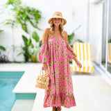 Polly Strapless Bubble Sleeve Maxi Dress - Pink Palm