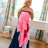 Madison Printed Pleated Maxi Tube Dress - Navy/Pink