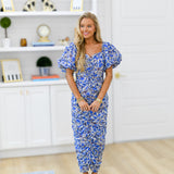 Katherine Puff Sleeve Midi Dress - Blue Floral