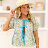 Everlyn Front Tie Puff Sleeve Top - Teal Blue Multi