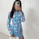 Mallie Multi Button Tie Mini Dress - Powder Blue/Red