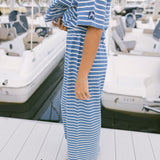 Fancy Striped Oversized Short Sleeve Top - Malibu Blue