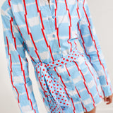 Mallie Multi Button Tie Mini Dress - Powder Blue/Red