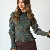 Iris Plaid Smocked Top - Green