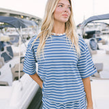 Fancy Striped Oversized Short Sleeve Top - Malibu Blue