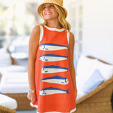 Ellie Linen Fish Mini Dress - Orange/Blue