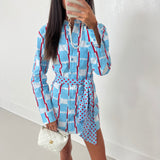 Mallie Multi Button Tie Mini Dress - Powder Blue/Red