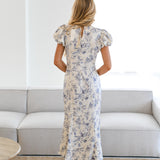 Jackie Puff Sleeve Satin Floral Midi Dress-Blue