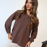 Kinley Off The Shoulder Crewneck - Brown