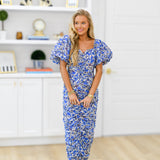 Katherine Puff Sleeve Midi Dress - Blue Floral