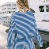 Fancy Striped Oversized Long Sleeve Top - Malibu Blue