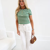 Madi Striped Short Sleeve Tee - Cream/Green Stripe