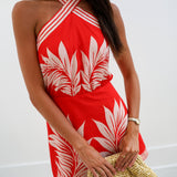 Mary Printed Halter Mini Dress - Tomato Red