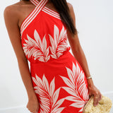 Mary Printed Halter Mini Dress - Tomato Red