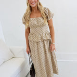 Sydney Puff Sleeve Midi Dress - Taupe/Brown Polka Dot