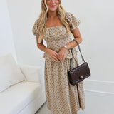 Sydney Puff Sleeve Midi Dress - Taupe/Brown Polka Dot