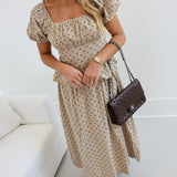 Sydney Puff Sleeve Midi Dress - Taupe/Brown Polka Dot