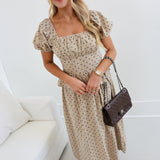 Sydney Puff Sleeve Midi Dress - Taupe/Brown Polka Dot