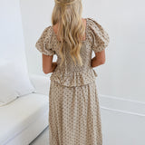 Sydney Puff Sleeve Midi Dress - Taupe/Brown Polka Dot
