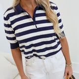 Mollie Striped Polo Top - Navy/White