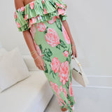 Raven Pleated Off The Shoulder Maxi Dress - Olive
