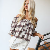 Ciera Plaid Off The Shoulder Top - Brown/Ivory