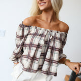 Ciera Plaid Off The Shoulder Top - Brown/Ivory