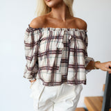 Ciera Plaid Off The Shoulder Top - Brown/Ivory