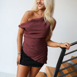 Victoria Asymetrical Off Shoulder Ruched Top - Maroon