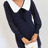 Jenna Polkadot Dress with Frill Collar - Navy