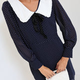 Jenna Polkadot Dress with Frill Collar - Navy