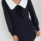 Jenna Polkadot Dress with Frill Collar - Navy