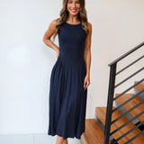 Aislinn Rib Knit Pleated Maxi Dress - Navy