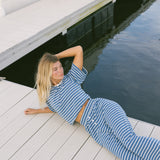 Fancy Striped Oversized Short Sleeve Top - Malibu Blue