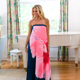 Madison Printed Pleated Maxi Tube Dress - Navy/Pink