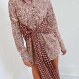 Mary Zebra Button Tie Mini Dress - Brown/Cream