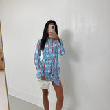 Mallie Multi Button Tie Mini Dress - Powder Blue/Red