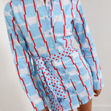 Mallie Multi Button Tie Mini Dress - Powder Blue/Red