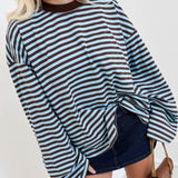 Harlee Oversized Striped Basic Top - Blue/Brown