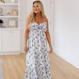 Lilly Bow Midi Dress-Cream/Blue Floral