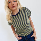 Ashliegh Round Neck Short Sleeve Top - Olive/Navy Stripe