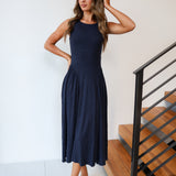 Aislinn Rib Knit Pleated Maxi Dress - Navy