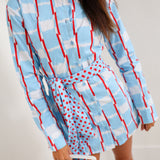 Mallie Multi Button Tie Mini Dress - Powder Blue/Red