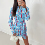 Mallie Multi Button Tie Mini Dress - Powder Blue/Red