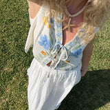 Lily Front Tie Vest - Off White/Blue Multi Floral