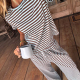 Fancy Striped Fitted Short Sleeve Top - Glacier/Chocolate