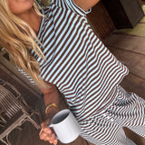 Fancy Striped Fitted Short Sleeve Top - Glacier/Chocolate