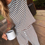 Fancy Striped Fitted Short Sleeve Top - Glacier/Chocolate